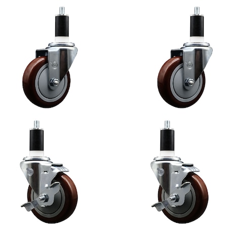 Service Caster 4'' SS Maroon Poly Wheel Swivel 1-3/8'' Expanding Stem Caster Set 2 Brakes, 4PK SCC-SSEX20S414-PPUB-MRN-2-TLB-2-138